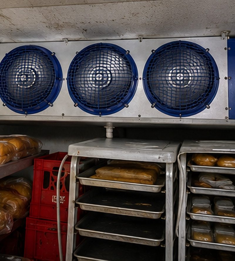 Después del mantenimiento: un evaporador de refrigeración comercial, limpio y en buen estado (ilustración).