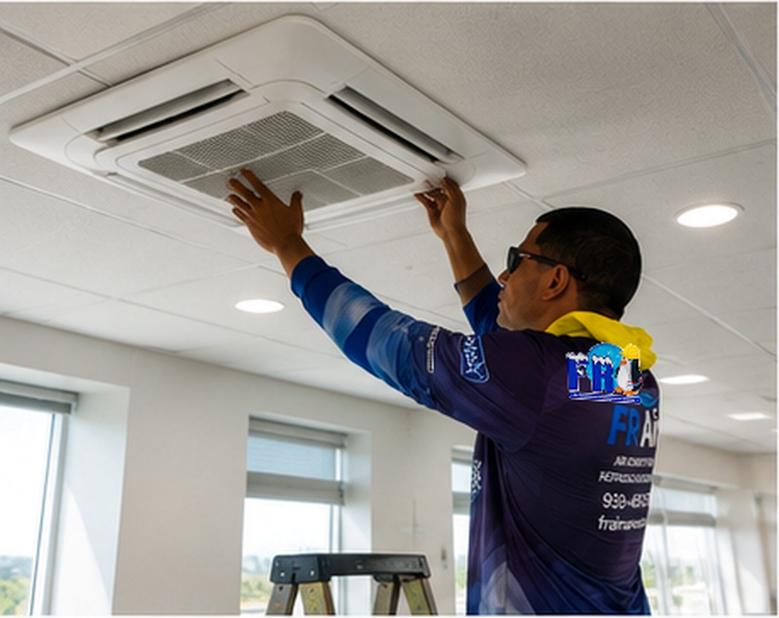 Técnico de FR Air dando servicio a un cassette de techo