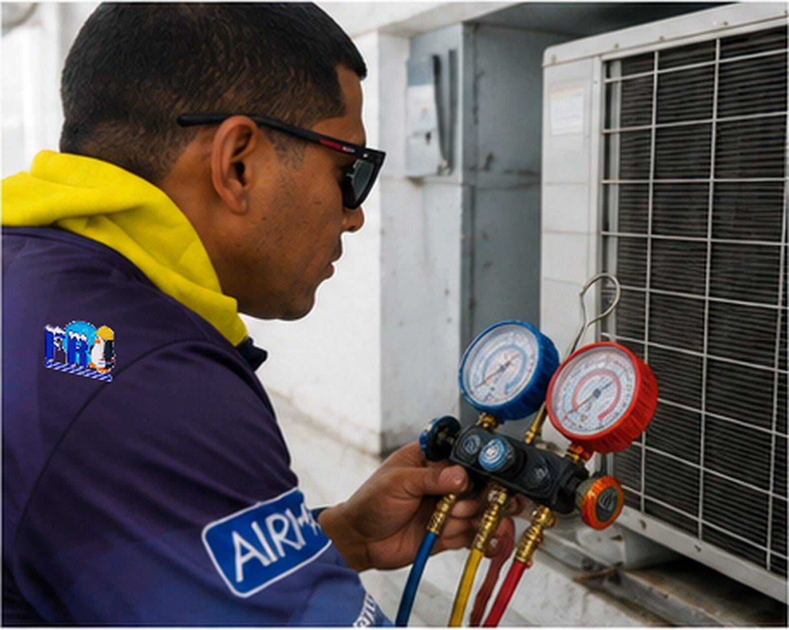 Técnico de FR Air midiendo presiones de refrigerante en un condensador