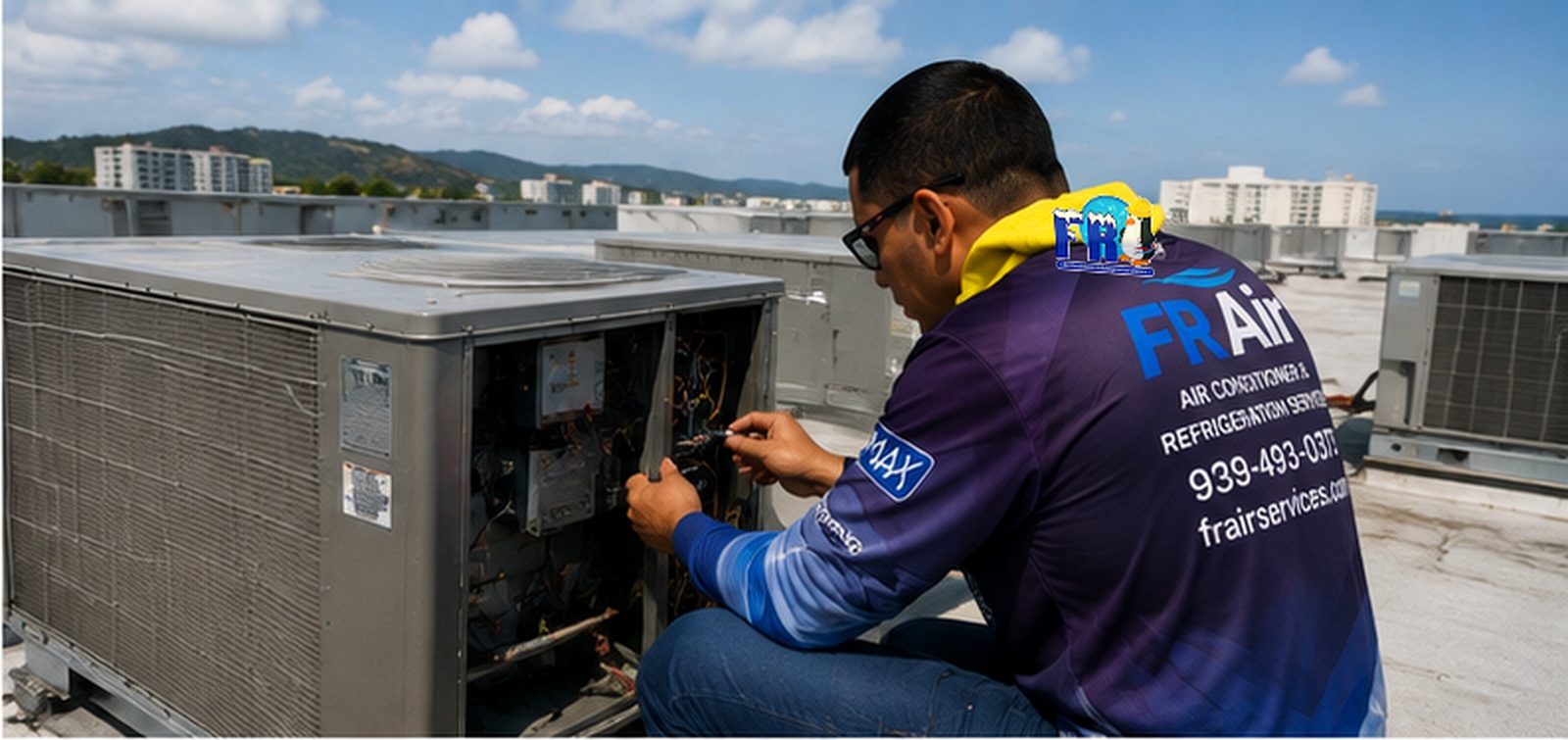 Técnico de FR Air dando servicio a una unidad comercial en el techo